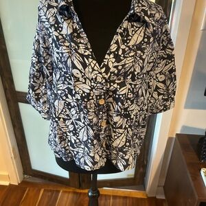 Button-Front Women's Navy and White Printed Top